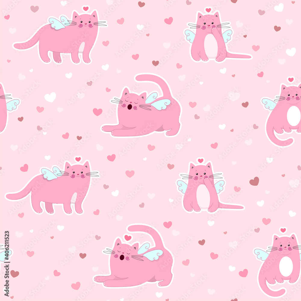 Cute seamless pattern with pretty kittens. Great for baby fabric, textile, wallpaper. Cats. Kids cartoon vector background. Pastel Colors.