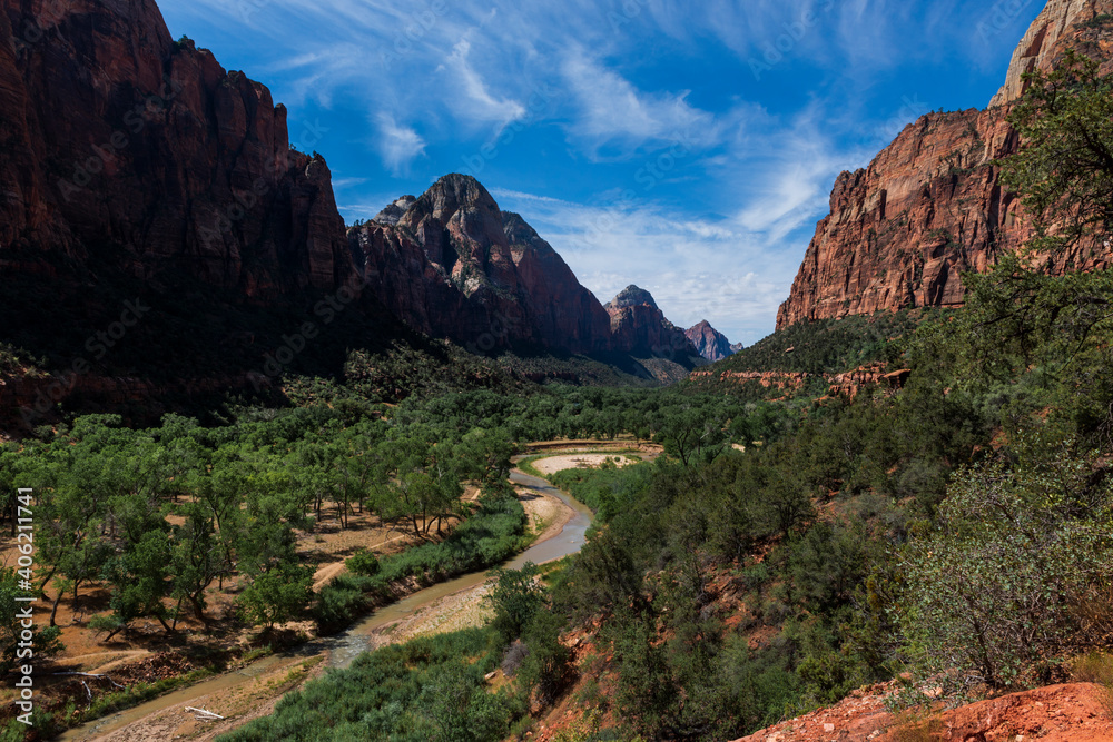 Beautiful view of the virgin river and canyon at Zion National Park, in the State of Utah, USA.
