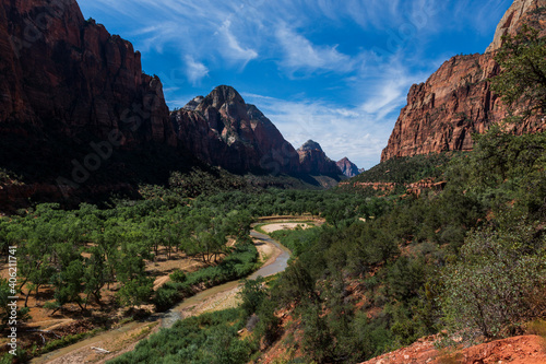 Beautiful view of the virgin river and canyon at Zion National Park, in the State of Utah, USA.