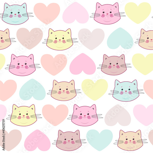 Wallpaper Mural Cute seamless pattern with pretty kittens. Great for baby fabric, textile, wallpaper. Cats. Kids cartoon vector background. Pastel Colors. Torontodigital.ca