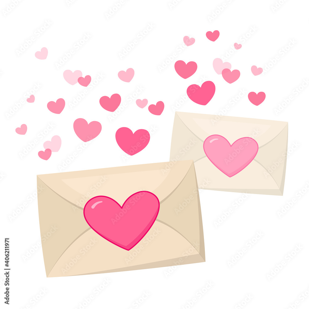 Love letters flying in the air with many hearts in vintage style. Symbol of Valentine's day. Vector illustration. Design element for decoration, print, web-applications etc.