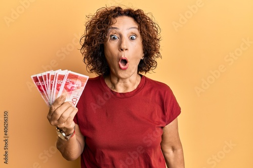 Beautiful middle age mature woman holding 20 israel shekels banknotes scared and amazed with open mouth for surprise, disbelief face