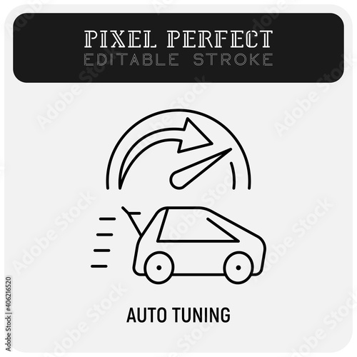 Car service: auto tuning, restyling, upgrade. Fast car with speedometer. Thin line icon. Pixel perfect, editable stroke. Vector illustration.