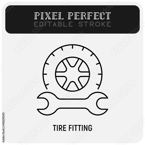 Tire fitting: tire and wrench thin line icon. Pixel perfect, editable stroke. Logo for garage or car service. Vector illustration.