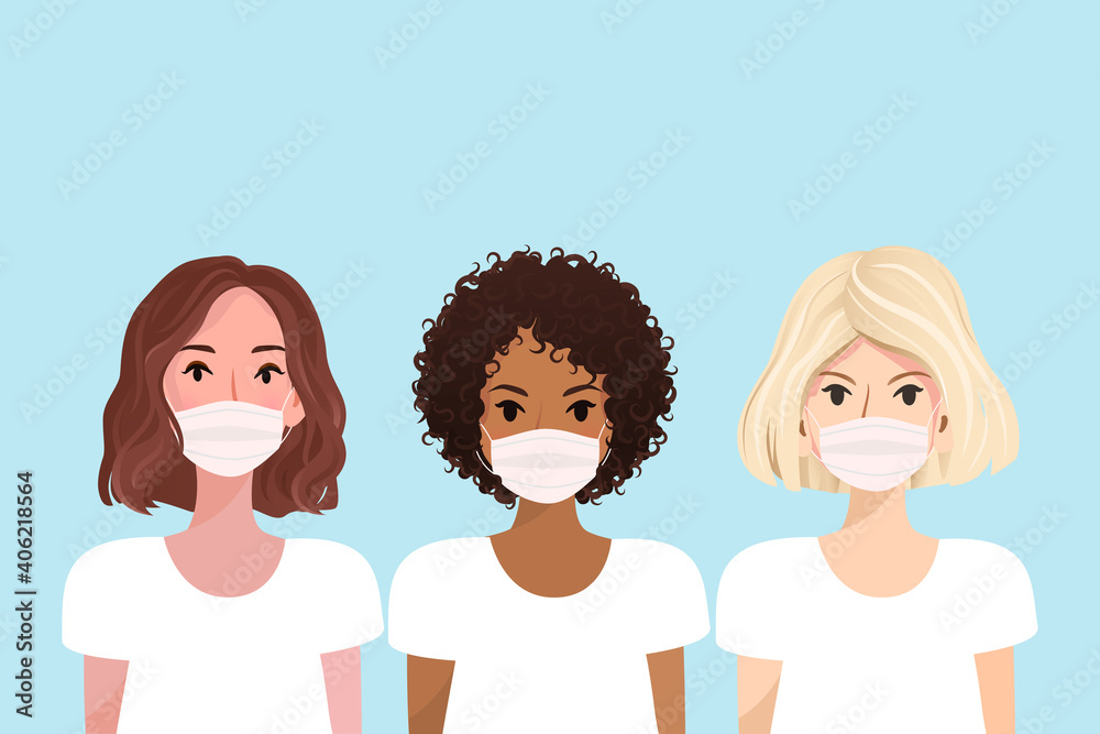 Multi-ethnic women. A group of beautiful women with different beauty, hair and skin color. The concept of women wearing surgical disposable and fabric breathing masks isolated white background. Vector Multi-ethnic women. A group of beautiful women with different beauty, hair and skin color. The concept of women wearing surgical disposable and fabric breathing masks isolated white background. Vector