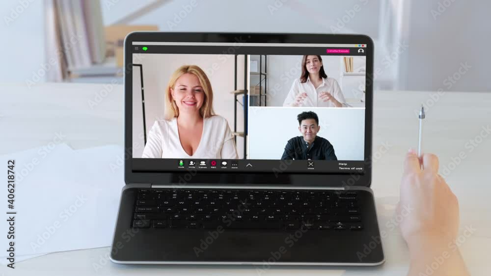 Online chat. Internet meeting. Group conference. Remote teamwork. Diverse multiracial colleagues working from home discussing project with female executive on laptop screen at virtual office. Online chat. Internet meeting. Group conference. Remote teamwork. Diverse multiracial colleagues working from home discussing project with female executive on laptop screen at virtual office.