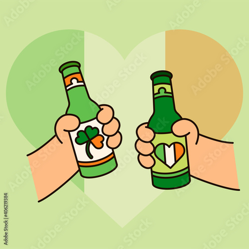 Saint Patrick's day gift card, design for celebrities with Irish flag and beer. Holiday poster, greeting banner, trendy t-shirt print. Green background. Men clink beer bottles with Irish beer. Cheers