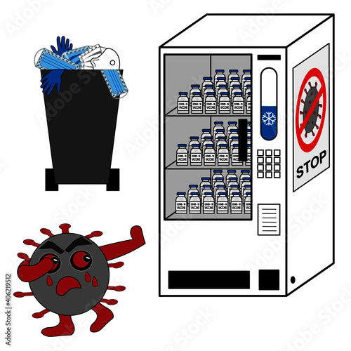 Anti-COVID vaccination campaign begins! Large refrigerator with vaccine bottles and scared coronavirus running away from it. Trash can  with used masks and gloves in the background.