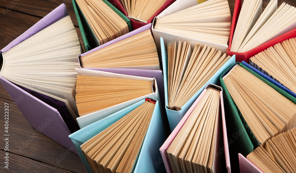 Fototapeta premium Books background for wisdom, science and education. Reading and writing concept