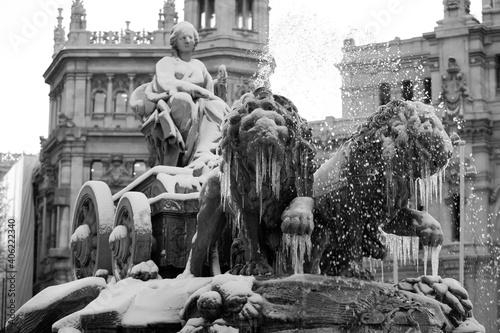 Cibeles Fountain frozen by snow and cold from storm Filomena. Great snowfall in Madrid. Snow storm.