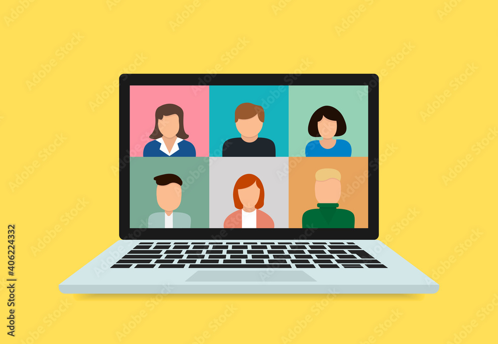 Stay and work from home. Video conference chat illustration. Stream, web chatting, meeting friends online. Workplace, laptop screen, group of people talking by internet. Video communication Stay and work from home. Video conference chat illustration. Stream, web chatting, meeting friends online. Workplace, laptop screen, group of people talking by internet. Video communication