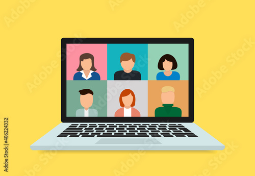 Stay and work from home. Video conference chat illustration. Stream, web chatting, meeting friends online. Workplace, laptop screen, group of people talking by internet. Video communication