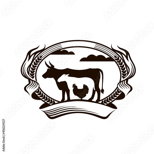 label of farm animals cow, chicken and sheep isolated on white background
