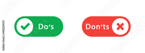 Do's and don'ts icon in flat style. Do and do not red and green icon. Good and bad icons positive and negative symbols. Green check mark and red cross icon. Vector illustration photo