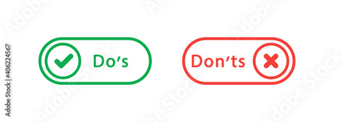 Do's and don'ts icon in flat style. Do and do not red and green icon. Good and bad icons positive and negative symbols. Green check mark and red cross icon. Vector illustration