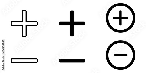 Vector icons of plus and minus. A set of icons plus and minus isolated on a white background. The outline of the plus and minus.