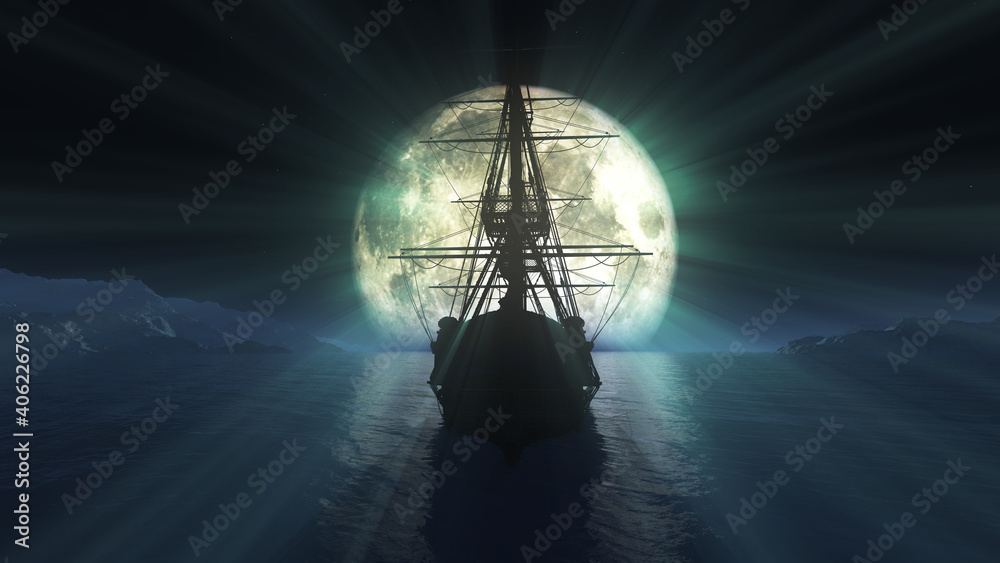 old ship in sea full moon illustration old ship in sea full moon illustration