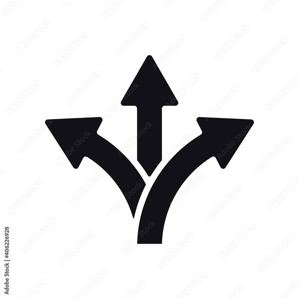 Three-way directional arrow in flat style. Vector illustration. Road direction icon isolated. Vector icon of branching three arrows. - obrazy, fototapety, plakaty 