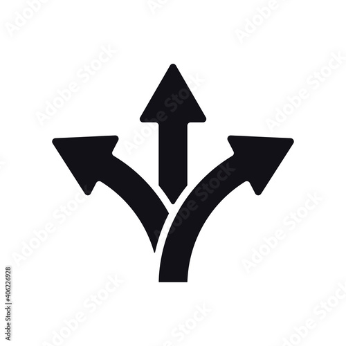 Three-way directional arrow in flat style. Vector illustration. Road direction icon isolated. Vector icon of branching three arrows.