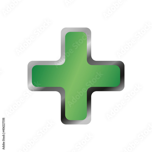 Green medical cross icon. Vector icon of green medical cross in iron frame. Medical cross icon in flat style isolated on white background. Vector illustration. Medical icon.