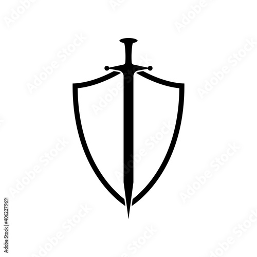 Shield and sword in a flat style. Shield and sword isolated on a white background. Vector outline icon of a shield with a sword inside. Vector illustration.