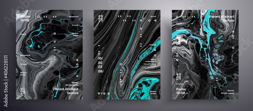 Abstract liquid placard, fluid art vector texture set. Trendy background that applicable for design cover, poster, brochure and etc. Black, white and aquamarine creative iridescent artwork