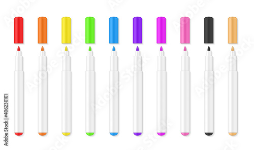 Markers open colorful realistic supplies set. Felt or fibre-tip pens with lids. Stationery collection.