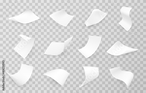 Paper sheets flying, falling realistic mockups set. Blank advertisement, document templates.
