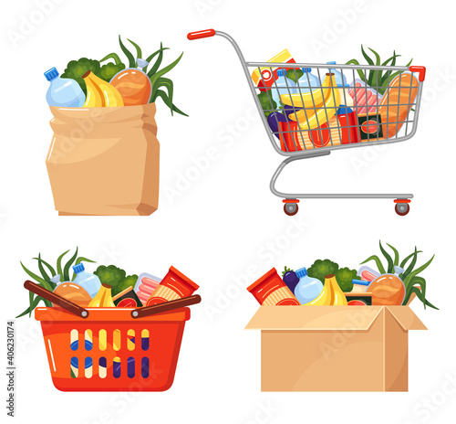 Food basket. Grocery packaging, paper bag, cardboard box, shopping cart with foodstuff set.