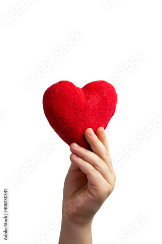 Child hand holding a red heart, white background. healthy life and love conce