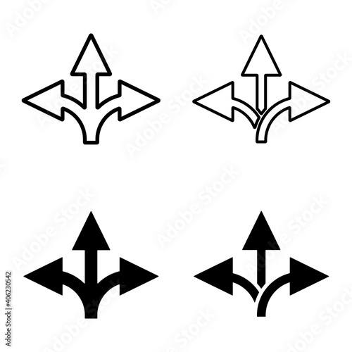 Three arrows direction icon. Vector set of three arrows directions icons. Icons isolated. Vector set of branching arrow icons.