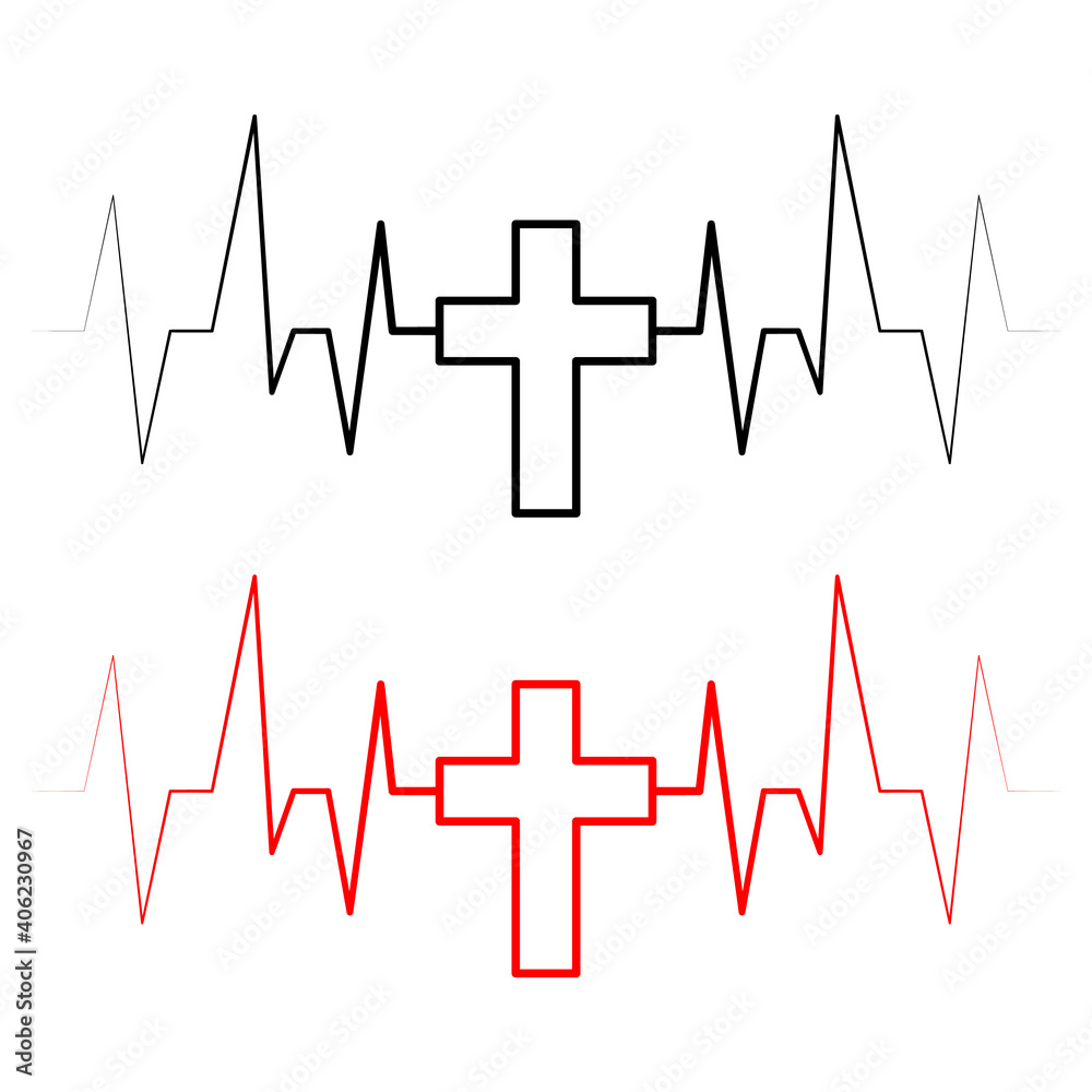 Vector heartbeat icon with cross. Set of black and red heartbeats with crosses. Heartbeat icon. Vector illustration.