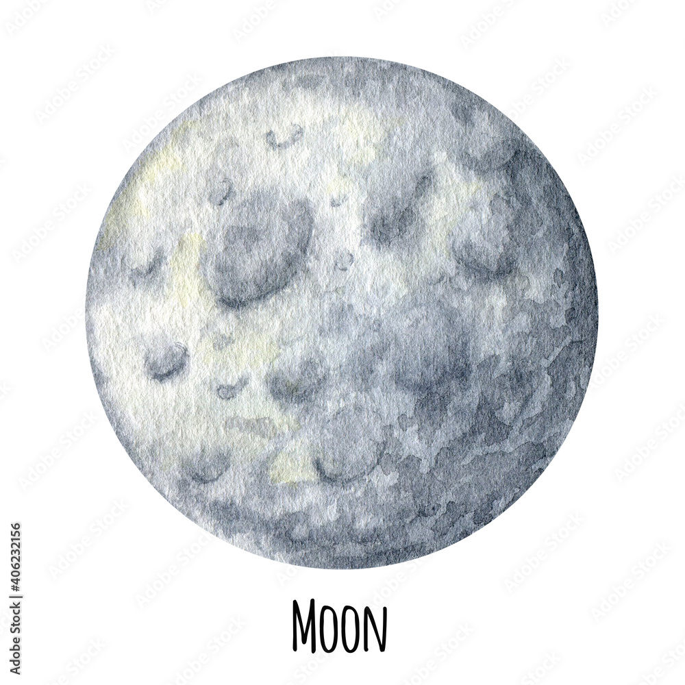 Moon Planet of the Solar System watercolor isolated illustration on ...