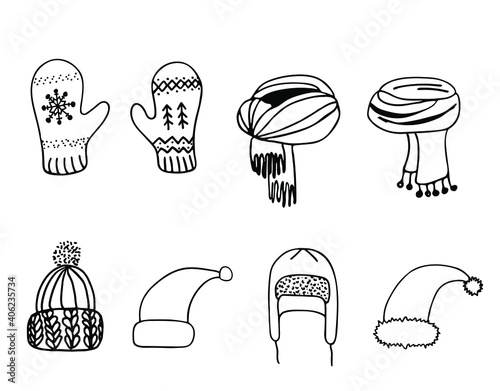 Set of hand drawn clothing accessories. Winter fashion knitted elements illustration. Mittens, hats and scarfs line drawing. Good for advertising, icons, cards, pattern.