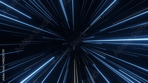 Slowly flying through space then entering hyperspace and slowing down. Colorful speed of light seamless loop animation. photo