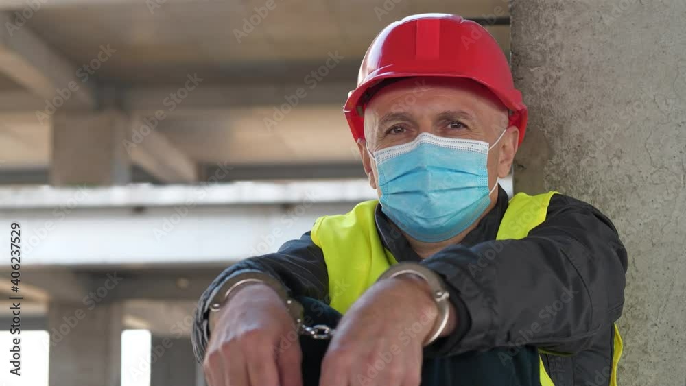 Handcuffed builder in protective face mask, red hard hat sits at construction site and looks at camera Handcuffed builder in protective face mask, red hard hat sits at construction site and looks at camera