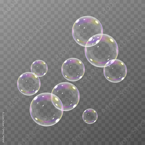 Vector soap bubble. Realistic soap bubble png, glare. Foam bubbles png. Powder, soap, detergent. Vector image.