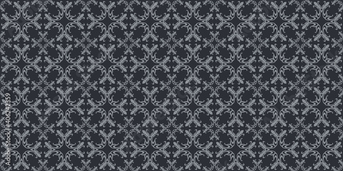 Dark background pattern with ornate floral designs. Seamless wallpaper texture