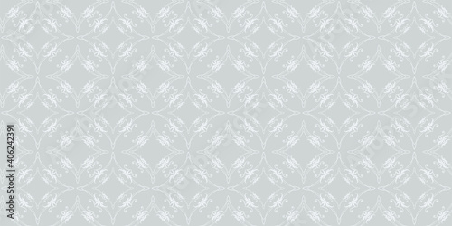 Stylish decorative background pattern with floral ornaments. Gray shades. Seamless wallpaper texture