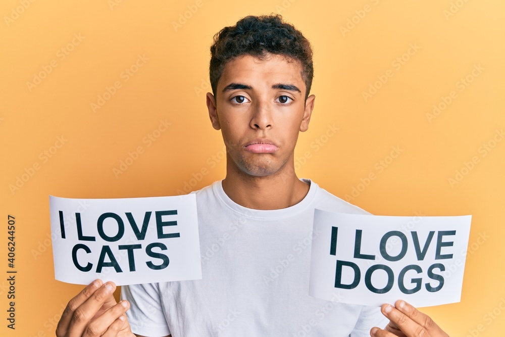 Young handsome african american man holding paper with i love cats and i love dogs phrase depressed and worry for distress, crying angry and afraid. sad expression. Young handsome african american man holding paper with i love cats and i love dogs phrase depressed and worry for distress, crying angry and afraid. sad expression.