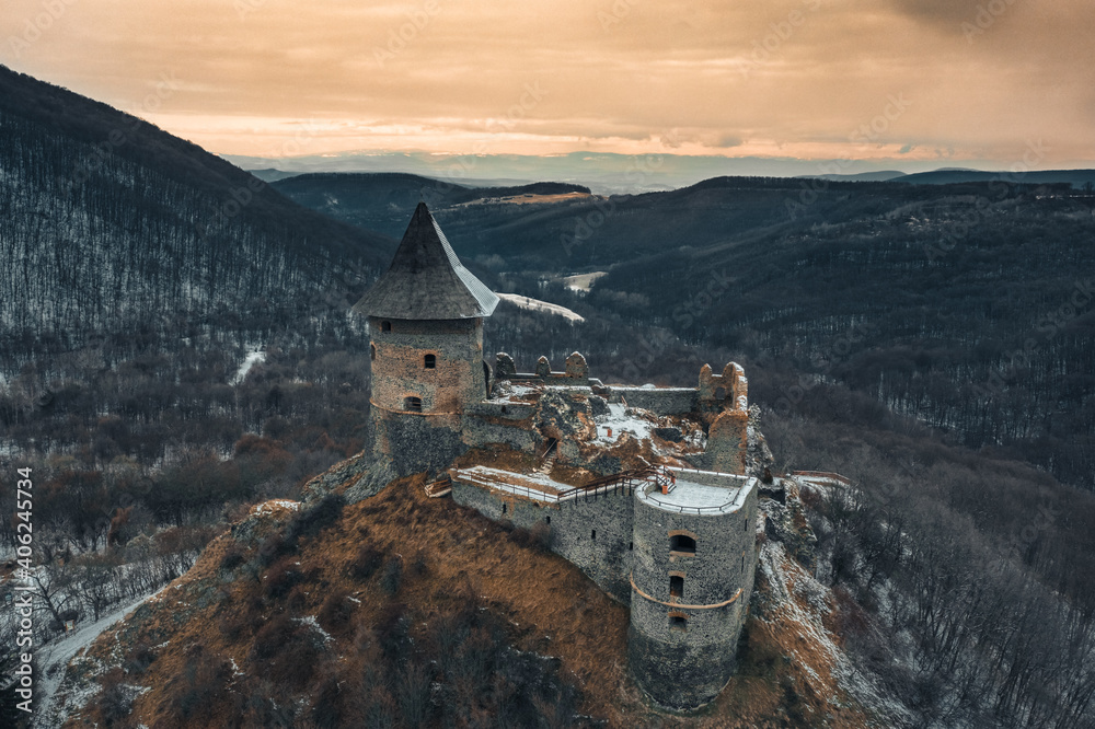 Slovakia - Somosko Castle in winter time with snowy from drone view