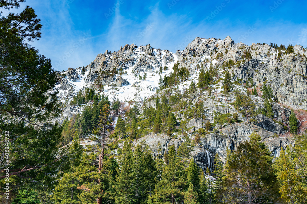 A mountain landscape with pine trees, brush, and snow on the mountain side