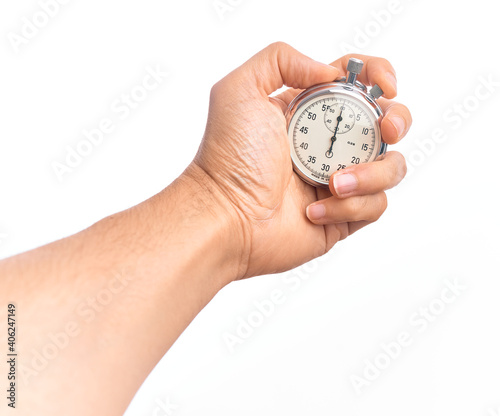 Hand of caucasian young man doing countdown holding stopwatch over isolated white background