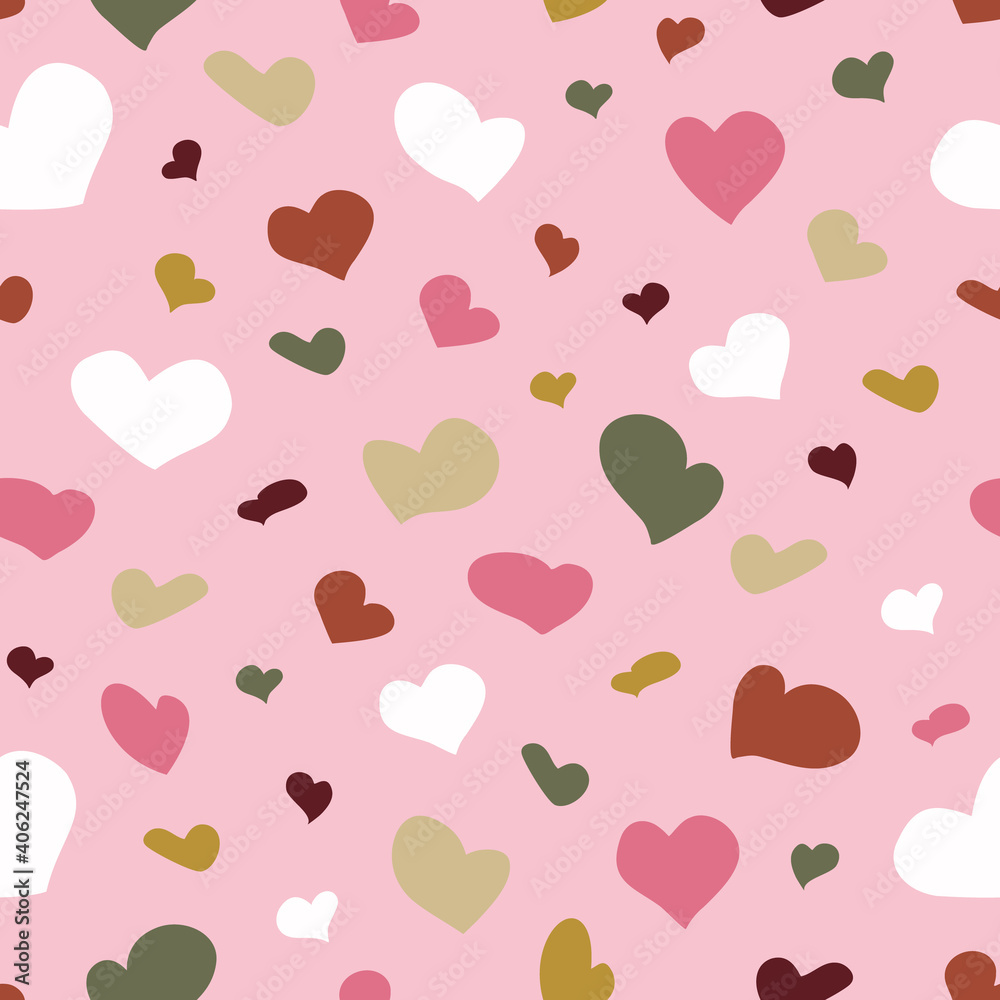 Colorful Hearts Seamless Pattern for Valentine's Day, romantic colncept, print, wrapping, etc.  Pink background. Vector illustration.