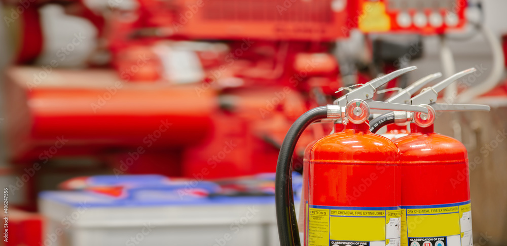 Inspection Fire extinguisher and fire hose,Ready to use in the event of a fire.Safety first concept. Inspection Fire extinguisher and fire hose,Ready to use in the event of a fire.Safety first concept.