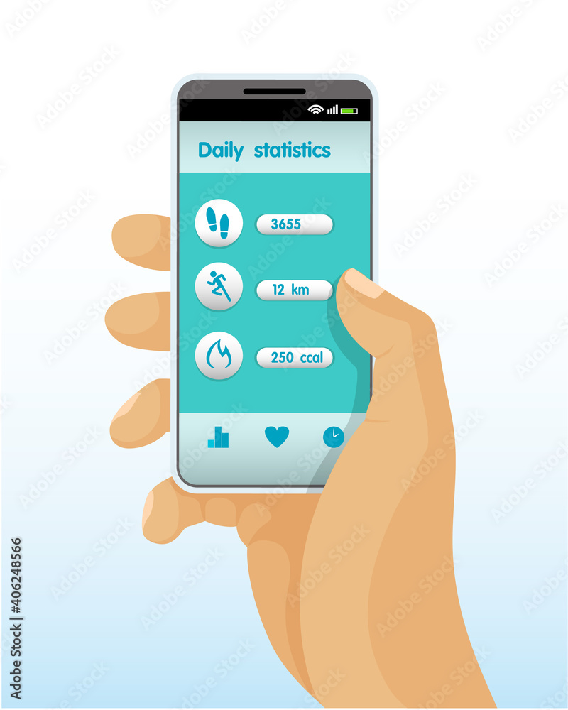 The hand holds a smartphone on which the fitness tracker mobile application is open.