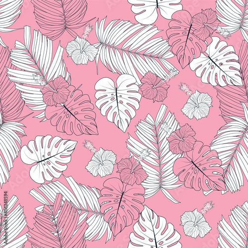 Seamless pattern botanical palm monstera leaves pink pastel color abstract background.hand drawn vector illustration.