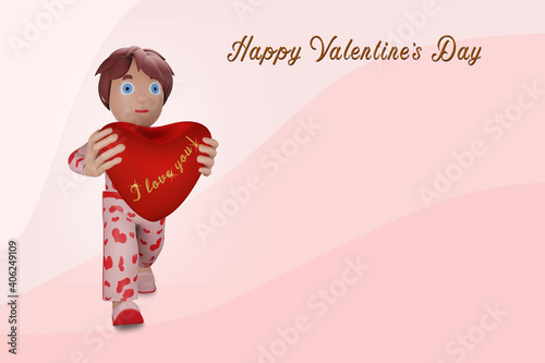 3D rendering illustration. Congratulations on Valentine's Day, Happy Birthday and Holidays. A person carries his heart with love on a pink background.
