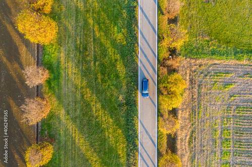 Car passing by on a road through cultivated fields. Autumnal scenery, aerial view with autumnal trees, foliage