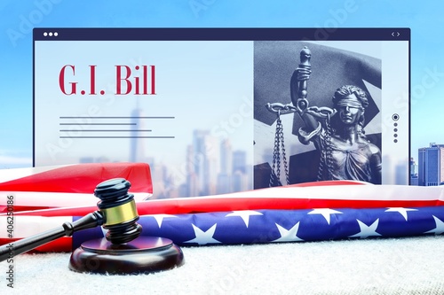 G.I. Bill. Judge gavel and america flag in front of New York Skyline. Web Browser interface with text and lady justice.